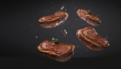  three pieces of meat with a sprig of basil on top of them on a black background with a few scattered pieces of salt.  generative ai