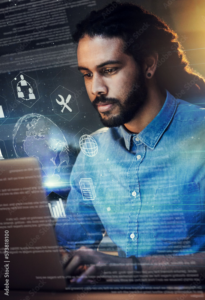 Poster Black man, coding and global network with icons, laptop and app with digital transformation and overlay. IT, cyber with programming and software update with Earth hologram, 3D and cloud computing