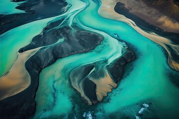 Aerial view of stunning Iceland's aqua glacial rivers. Photo generative AI