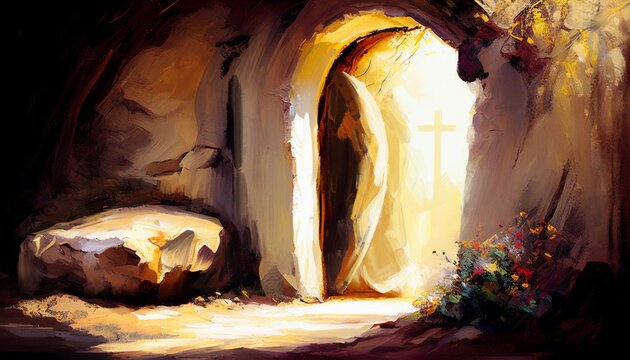 Easter Jesus Christ rose from the dead. Sunday morning. Dawn. The empty tomb in the background of the crucifixion. Happy easter. Christian symbol of faith, generative ai