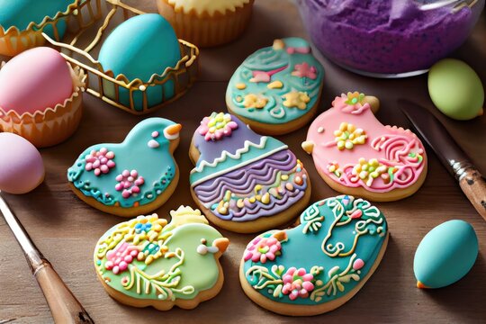 Easter Eggs Cookies with Royal Icing, Biscuit Color Eggs for Easter Design, Generative AI Illustration
