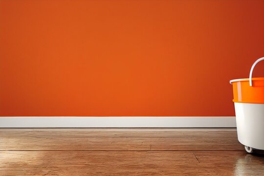 Orange Paint Roller Leaning Against Orange Wall With White Paint Bucket In Empty Room Background, Home Improvement, Renovation Or Construction Work Concept. Generative AI