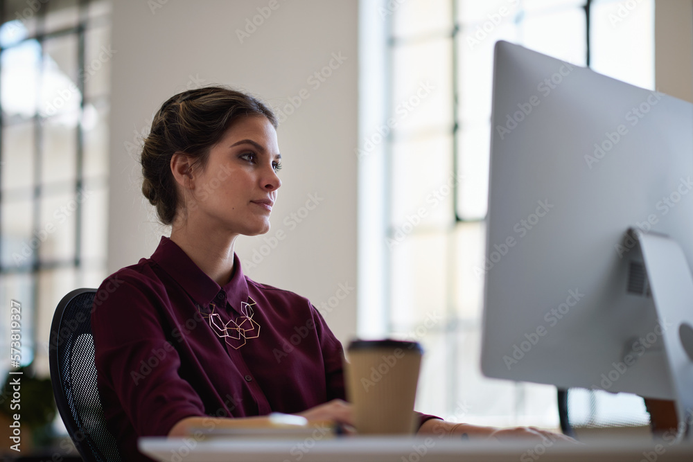 Aufkleber Business woman, computer and internet search of serious employee with web design planning. Digital designer, working and reading a email at office desk with ideas for website and project for company