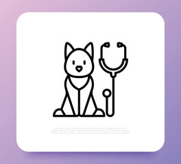 Pet checkup, Veterinary clinic, dog and stethoscope. Thin line icon. Vector illustration.