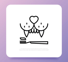 Pet brushing teeth, grooming service. Veterinary clinic. Thin line icon. Vector illustration.