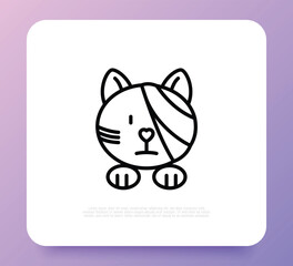 Cat injured, eye bandage. Veterinary clinic. Thin line icon, medical halp for pets. Vector illustration.