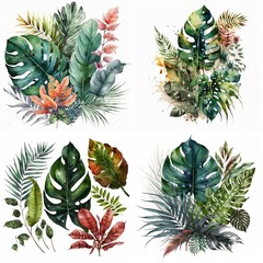 Watercolor Tropical Plants Leaves, Flower Created with Generative AI technology