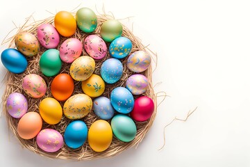 Fototapeta na wymiar easter eggs in a basket, colorful. Happy Easter! Festive Decoration for Spring Celebration