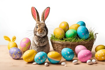 Fototapeta na wymiar easter bunny and eggs on white background. Happy Easter! Festive Decoration for Spring Celebration. Banner