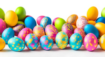 Fototapeta na wymiar Colorful easter eggs on white background. Happy Easter! Festive Decoration for Spring Celebration