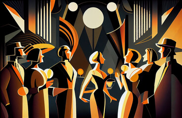 Night party, geometric art deco style, modern art.