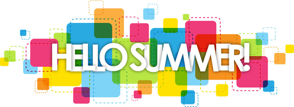 HELLO SUMMER! colorful typography banner on transparent background