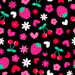 Cute strawberry, cherry, flower and heart seamless pattern background.