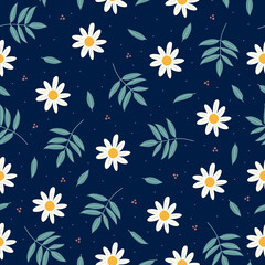 Fototapeta na wymiar Daisy flower seamless pattern isolated on blue background.