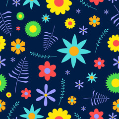 Colorful Daisy flower seamless pattern isolated on blue background.