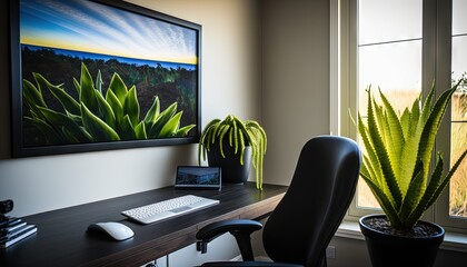  a desk with a computer and a plant in a room with a large window and a view of the countryside outside of the window is shown.  generative ai