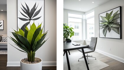  a living room with a couch and a table with a plant in it and a picture of a living room with a couch and a table with a plant in it.  generative ai