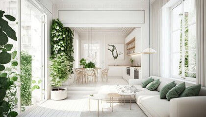  a living room filled with furniture and lots of green plants on the walls of the living room and dining room, with a white couch and table and chairs.  generative ai