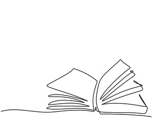 Hand drawing single one line of opened book isolated on white background.