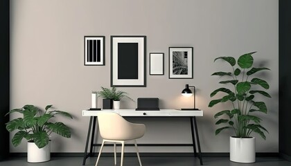  a room with a desk, chair, potted plants and pictures on the wall and a laptop on a desk with a lamp on it.  generative ai