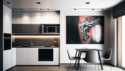  a kitchen with a table and chairs and a painting on the wall above the stove and microwave and a table with chairs in front of it.  generative ai