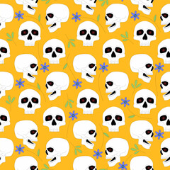 Skull seamless pattern isolated on yellow background.