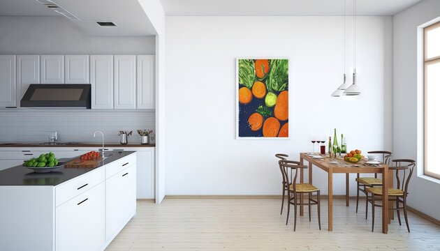  a kitchen with a table and chairs and a painting on the wall above the counter top of the kitchen island with a bowl of fruit on it.  generative ai