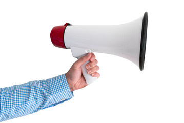 hand holding megaphone or bullhorn, transparent background PNG