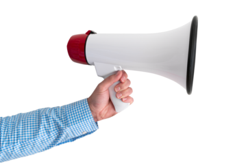 hand holding megaphone or bullhorn, transparent background PNG