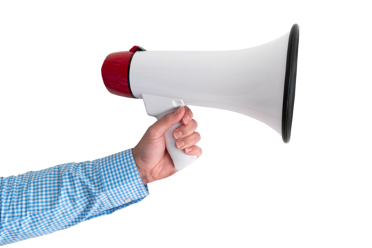hand holding megaphone or bullhorn, transparent background PNG