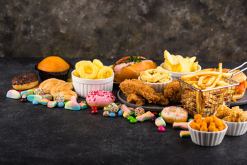 Assortment of various unhealthy junk food.