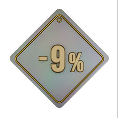 3d illustration, Golden texture -9% off discount letter promotion on ranbow metal price tag background sign symbol, premium label.