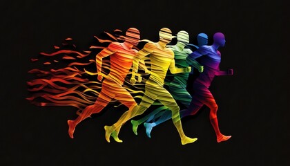  a group of people that are running in a race with a rainbow colored pattern on the side of the race line of the race line.  generative ai