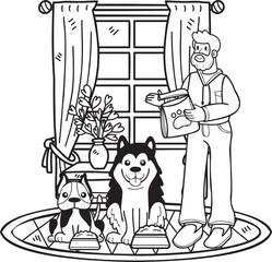 Hand Drawn Elderly feed the dog illustration in doodle style