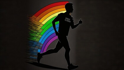  a man running in front of a rainbow colored background with the words running through the rainbow on his chest and a black background with a shadow of him.  generative ai