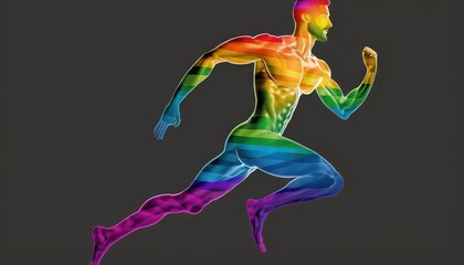  a man in a rainbow colored suit running on a black background with a gray background behind him and a black background behind him with a white border.  generative ai
