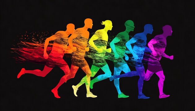  a group of people that are running in a race line with a black background and a rainbow colored silhouette of a man and a woman.  generative ai