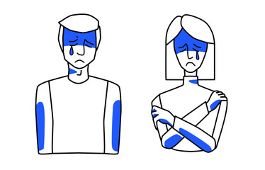 Sad crying man and woman, emotion of sorrow, melancholy of husband and wife. Line art, half body hand drawn sketch style.
