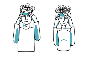 Stressed man and woman, holding hands on a head, closed eyes. Stress emotion of husband and wife, line art, half body hand drawn.