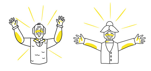 Happy old man and woman, emotion of happiness, pleasure and satisfaction of grandmother and grandfather, open their arms. Half body sketch style line drawing.