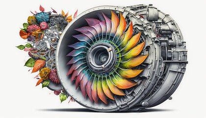  a drawing of a jet engine with colorful flowers on the side of it and a jet engine in the middle of the picture with a white background.  generative ai