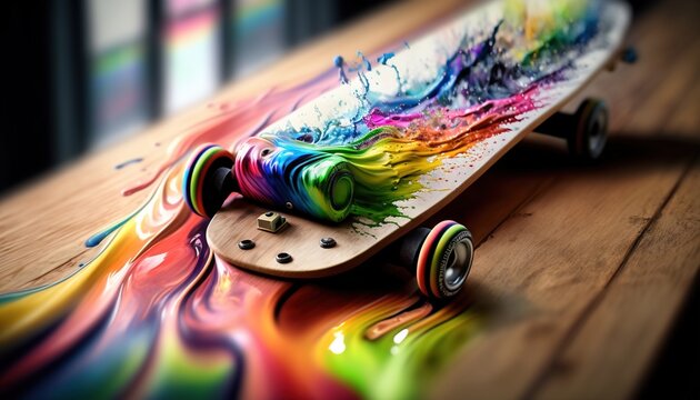  a skateboard with a rainbow painted design on the bottom of it and wheels on the bottom of the board, on a wooden table.  generative ai