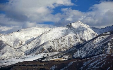 the magnificent peaks of the absaroka range on a sunny winter day along the paradise valley scenic drive between livingston and gardiner, montana 