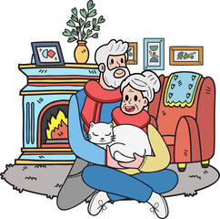 Hand Drawn Elderly holding a cat illustration in doodle style