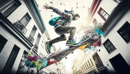  a man riding a skateboard down the side of a building next to a tall white building with birds flying around it on a cloudy day.  generative ai