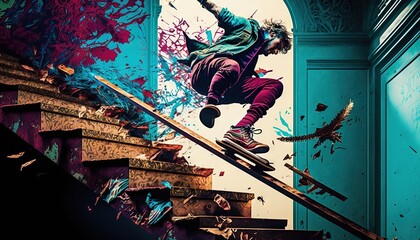  a man riding a skateboard down the side of a wooden stair case next to a blue wall with graffiti on the walls and floor.  generative ai