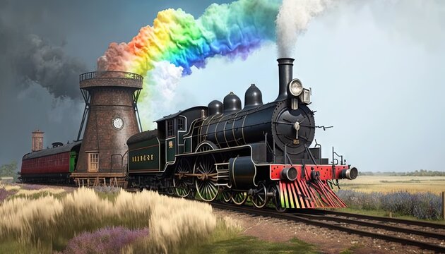  a painting of a train with a rainbow coming out of the top of the train and smoke coming out of the top of the train.  generative ai