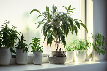 House plants in pot on the windowsill with sunlight, greenhome, Biophilic design at home, green home. Greenery at home, love of plants, indoor cozy garden Ai Generative
