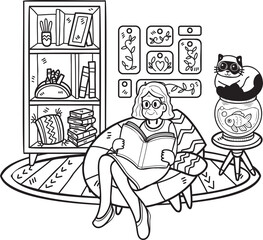 Hand Drawn Elderly reading a book with a cat illustration in doodle style