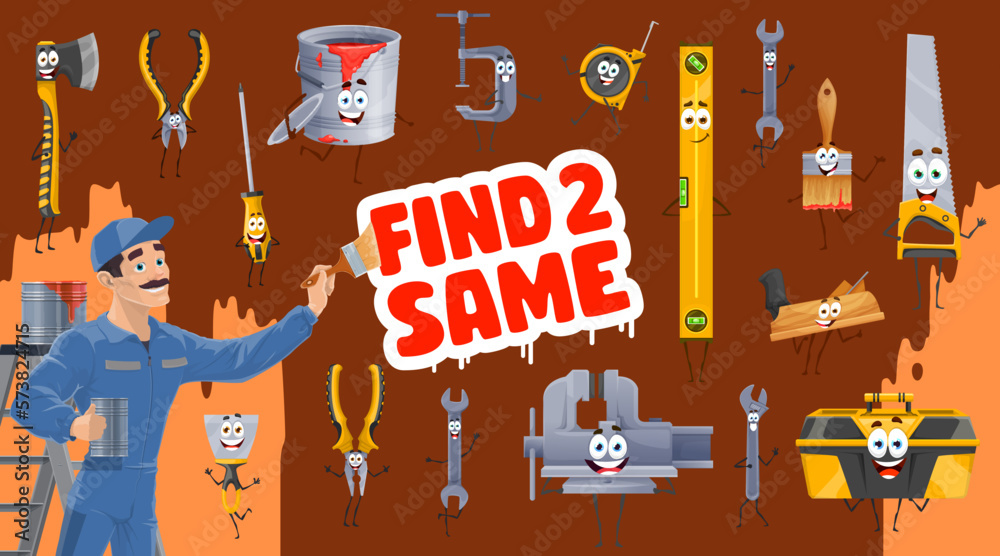Poster find two same tool characters kids game worksheet